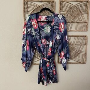 Victoria's Secret Floral 100% Silk Kimono Robe Asian Y2K Blue Pink OS READ B19